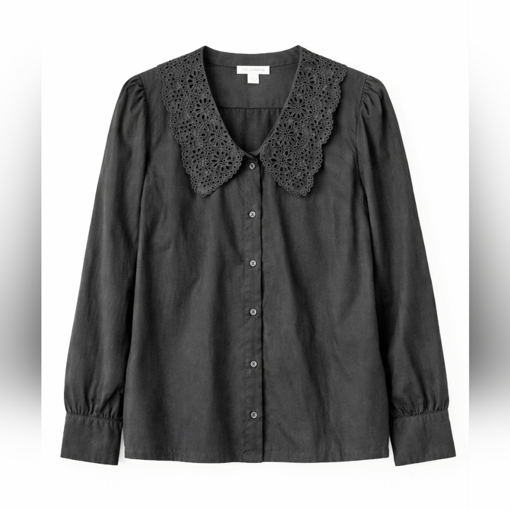 100% Cotton Calligraphie Black Eyelet Collar Long Sleeve Blouse Women's Size M - Picture 2 of 9